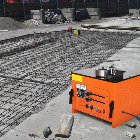 Heavy Duty Electric Rebar Bender With A Beastly 3000W Motor That Knocks Out Steel Rods Fast Offers Hassle Free Zero To One Eighty Angle Adjustments And A Smooth Foot Pedal For Boss Level Jobsite Efficiency on construction site with steel reinforcement grid.
