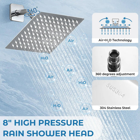 Slick 8 Inch Square Rainfall Shower Faucet Set With Tub Spout In Polished Chrome Finish Modern Wall Mount Bathroom Kit Featuring Smooth Water Flow And Easy Install For That Killer Bathroom Glow Up