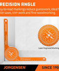 Front view of orange 7-inch aluminum Jorgensen miter saw protractor with laser-etched markings for precise miter cuts