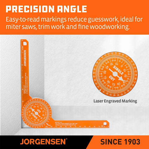 Front view of orange 7-inch aluminum Jorgensen miter saw protractor with laser-etched markings for precise miter cuts