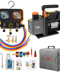 R1234yf Auto HVAC Vacuum Pump And Gauge Kit With 4.5 CFM Leak Detector Can Tap Quick Couplers And Three Way Manifold For DIY