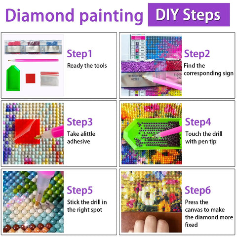 DIY steps for 5D Diamond Painting Kit For Beginners With Ancient Tree Full Drill Diamond Art including tools and techniques.