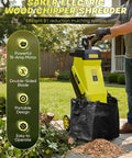 Corded Electric Wood Chipper Shredder With 15 Amp Motor And 1.75 Inch Cutting Capacity in use with collection bag attached outdoors