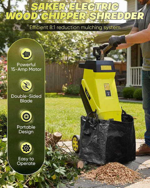 Corded Electric Wood Chipper Shredder With 15 Amp Motor And 1.75 Inch Cutting Capacity in use with collection bag attached outdoors