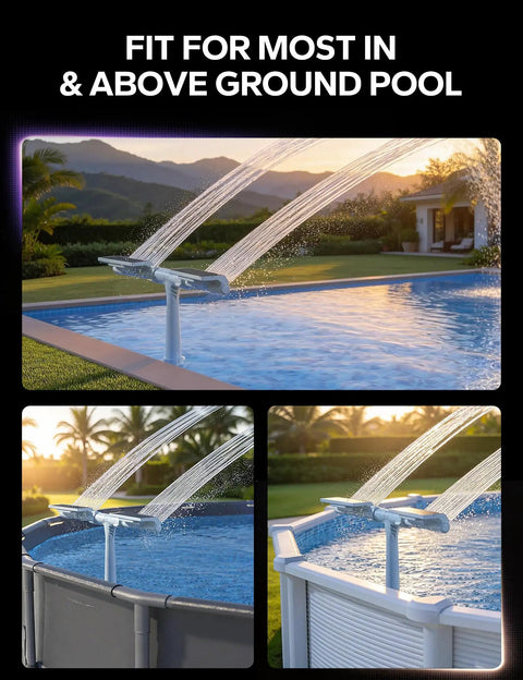 Solar Pool Fountain With 10 Color LED Lights in above ground and inground pools, dual head spray, at sunset.