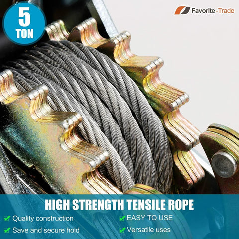 Heavy Duty Come Along Winch With 5 Ton Capacity And 10 ft Steel Cable Three Hooks Dual Gear System close-up showing cable