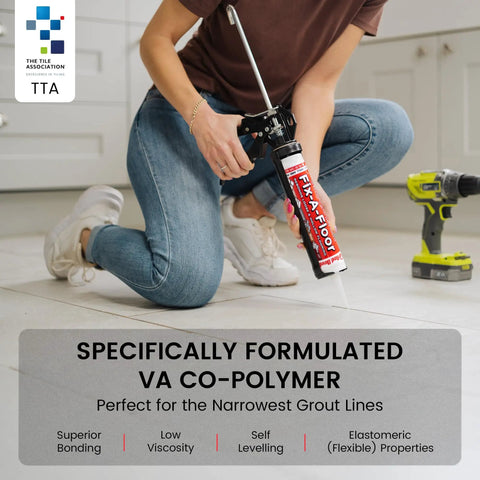 Person applying Fix-A-Floor Loose Tile Repair Adhesive For Rebonding Tile Porcelain Ceramic Marble Stone And Wood Floors 10.1 Oz