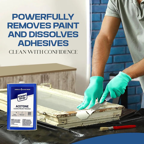 Man using Industrial-Grade Acetone Solvent for Cleaning, Stripping and Thinning on a wooden frame, wearing gloves, can visible.