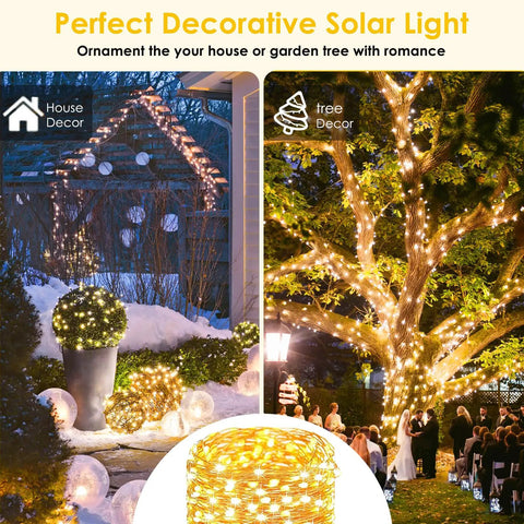 Extra Long 144 Ft Solar String Lights Outdoor 2 Pack 400 LED Copper Wire With 8 Modes Waterproof IP65 Warm White Fairy Lights displayed on a house and tree for decor.