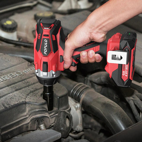 Cordless 20V Impact Wrench With Half Inch Drive 3098 Inch Pounds Torque 0 To 3000 RPM used on car engine in garage