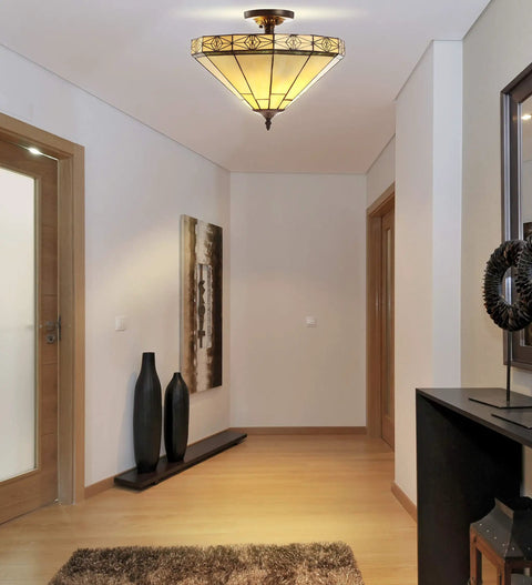 Cream And Black 16 Inch 2 Light Glass Or? And Metal Tiffany Style Mosaic Shade Semi Flush Mount Ceiling Light Fixture