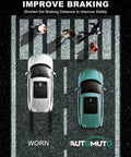 Overhead view of two cars on crosswalk, showing braking distance; left with worn struts, right with AutoMuto upgrade.