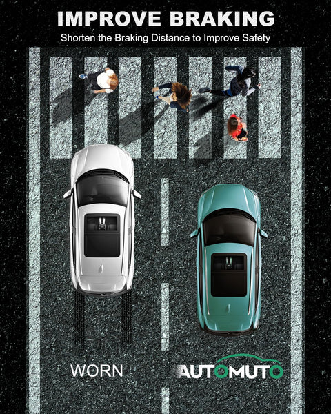 Overhead view of two cars on crosswalk, showing braking distance; left with worn struts, right with AutoMuto upgrade.