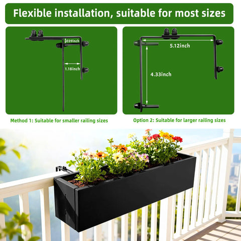 Foldable Metal Railing Planter Box Set With 30 Inch Balcony Planters And Adjustable Brackets, installed on a deck railing