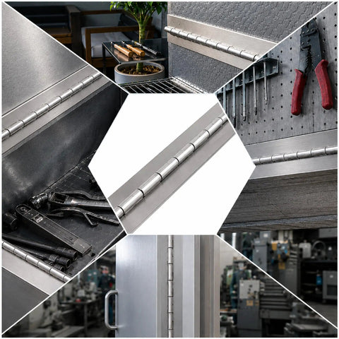 Rock Solid Weldable Stainless Steel Continuous Hinge 72 Inch Length shown in various applications with tools in workshop.