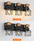 3 Light Farmhouse Vanity Light for Bathroom Over Mirror Rustic Wood and Black Metal Cage Industrial Fixture with Matte Black Finish