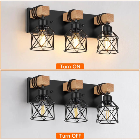 3 Light Farmhouse Vanity Light for Bathroom Over Mirror Rustic Wood and Black Metal Cage Industrial Fixture with Matte Black Finish