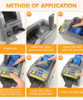 Automatic Tape Dispenser And Ribbon Cutting Machine Offering No Sweat Quick Precision Trimming Portability For Shipping Packing Schools And Retail Stores showing setup steps and controls.
