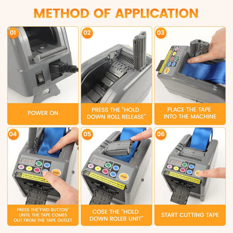 Automatic Tape Dispenser And Ribbon Cutting Machine Offering No Sweat Quick Precision Trimming Portability For Shipping Packing Schools And Retail Stores showing setup steps and controls.