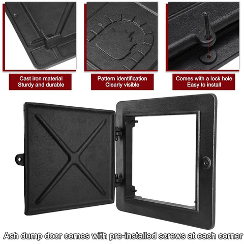 Tough As Nails Cast Iron Fireplace Chimney Cleanout Door 8 By 8 Inch Ash Dump Cover with visible flame motif and lock hole design.