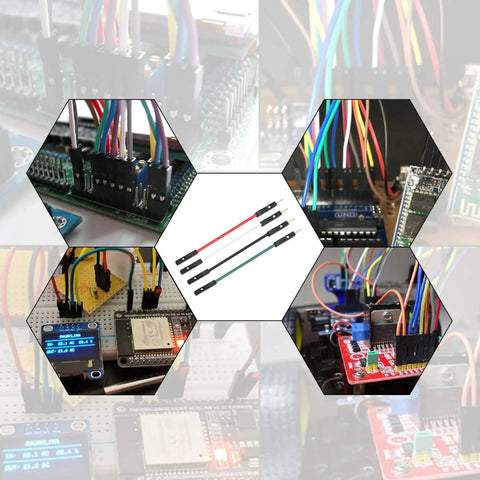 Collage showing Male to Female Breadboard Jumpers for Arduino and Circuit Boards, 8cm Length, 40-Pack in 4 Colors in use on boards