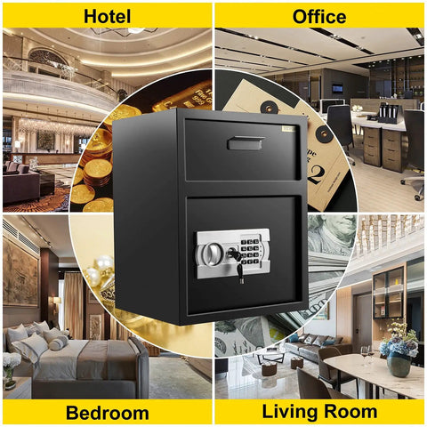 Depository Safe 1.7 Cubic Feet Carbon Steel With Electronic Code Lock, Deposit Slot, And Two Emergency Keys shown in various settings.