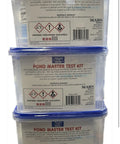 POND MASTER TEST KIT boxes stacked for testing water quality in ponds, includes clear instructions and safety warnings.