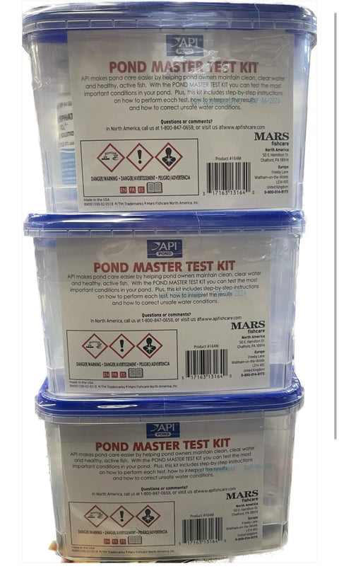 POND MASTER TEST KIT boxes stacked for testing water quality in ponds, includes clear instructions and safety warnings.