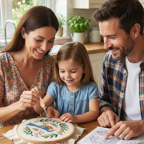 Family using Dope Punch Needle Kit With Adjustable Wooden Handle for embroidery project at home