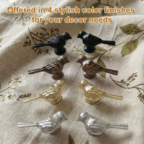 Collection of bird shaped cabinet knobs in various finishes, including gold, from Must Have Bird Shaped Cabinet Knobs Set of 2.