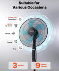 18 Inch Pedestal Fan With Remote Control And Killer Airflow 9 Speed Settings 3 Modes Oscillating Adjustable Height Quiet DC Motor 5 Blade Floor Fan For Home Bedroom Garage Workshop Powerful Up To 2700 CFM, front view with control panel