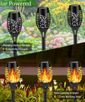 Solar Flickering Flame Outdoor Torch Lights For Garden Decor Waterproof 12 LED Torches in garden, day and night view