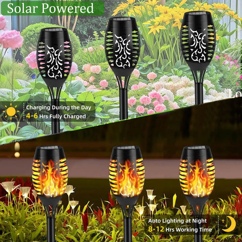 Solar Flickering Flame Outdoor Torch Lights For Garden Decor Waterproof 12 LED Torches in garden, day and night view