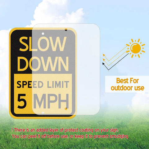 Image of a durable reflective yellow sign that reads 'SLOW DOWN 5 MPH', ideal for driveways and parking lots.