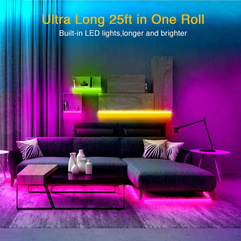 Living room with 25 Foot RGB LED Strip Lights For Bedroom With Bluetooth App Control And IR Remote, vibrant color display.