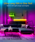 Colorful room with 50 Ft LED Strip Lights Kit For Bedroom With App Control And IR Remote, enhancing decor with neon ambience.