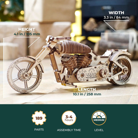 Wooden Motorcycle Kit VM02 3D Puzzle Mechanical Bike Model With Rubber Band Engine DIY Plywood Build For Vehicle Enthusiasts Bikers And Gearheads Realistic Belt Drive Motion, 10.1 in x 3.3 in