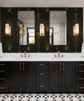 Modern bathroom with Removable Peel And Stick Black And Gold Geometric Wallpaper For Walls And Interiors behind double vanity