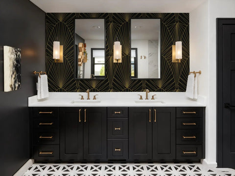 Modern bathroom with Removable Peel And Stick Black And Gold Geometric Wallpaper For Walls And Interiors behind double vanity