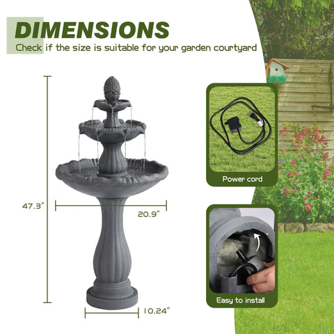 Three Tier Outdoor Waterfall Garden Fountain With Pump Large Resin Bubbler Cascade For Patio And Yard Decor Floor Standing Grey Finish