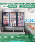 Heavy Duty Three Door Glass Display Freezer Keeps Your Store Inventory Chill No Sweat With Auto Defrost Digital Temperature Control Stainless Steel Upright Merchandiser Cooler For Bars And Retail Shops in a kitchen setting.