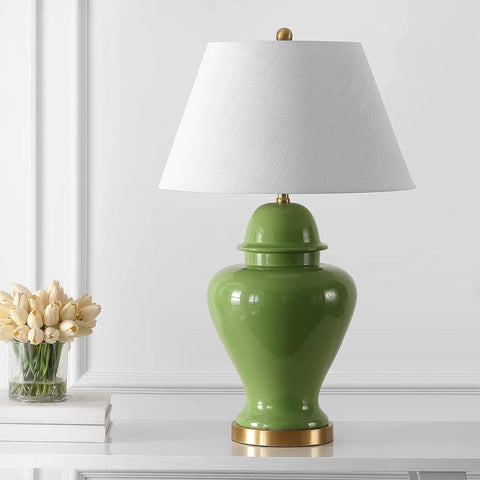 Teal Ceramic Ginger Jar Table Lamp 33 Inch Modern Traditional LED Bulb Included White Linen Shade Perfect For Living Room Bedroom Entryway Vibe