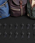 12 Piece Black Zip Puller Repair Kit Instant Zipper Set Replacement Pack For Coats Jackets Luggage And Backpacks Easy Rescue Fix With Replacement Sliders And Fasteners shown with backpacks.