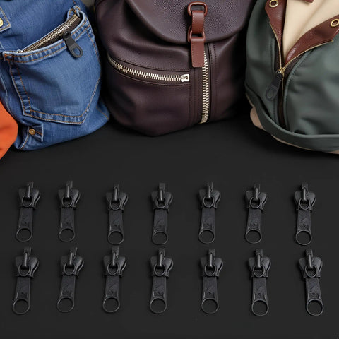 12 Piece Black Zip Puller Repair Kit Instant Zipper Set Replacement Pack For Coats Jackets Luggage And Backpacks Easy Rescue Fix With Replacement Sliders And Fasteners shown with backpacks.