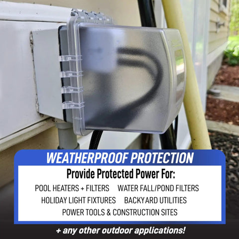 1-Gang Weatherproof Outdoor Outlet With Extra Deep 5 1/4 Inch Lockable Cover, installed on wall with text overlay