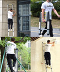 Man using Aluminum Telescoping Ladder 16 Point 5 Feet Extension With Triangle Stabilizers outdoors and indoors