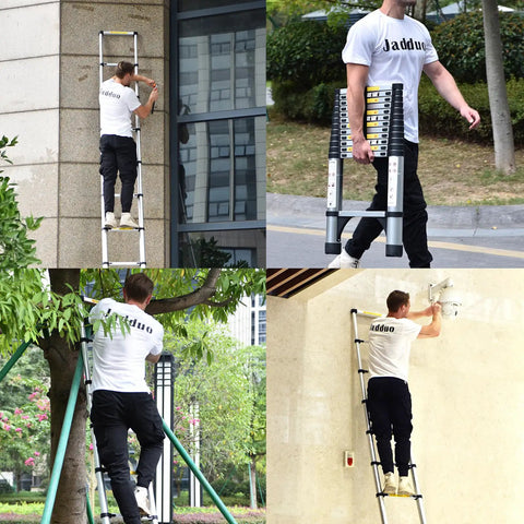 Man using Aluminum Telescoping Ladder 16 Point 5 Feet Extension With Triangle Stabilizers outdoors and indoors