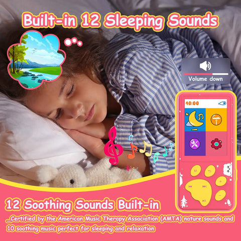 Child sleeping with Kids MP3 Player With Bluetooth, 32GB Pink Portable Music Player For Kids, cartoon bear paw button visible.