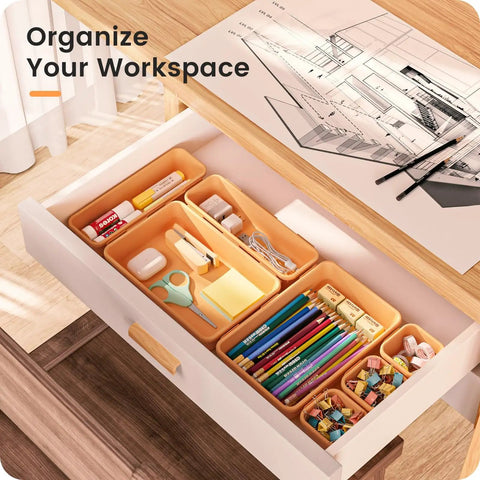 46 Piece Tool Box Organizer Set With 5 Size Tray Dividers Orange Desk Drawer Organizer for storing stationery in desk drawer.