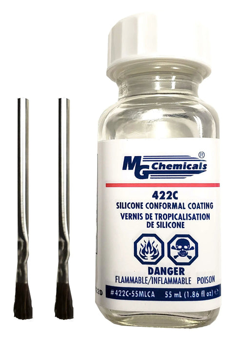 Silicone Conformal Coating 422C, 55 mL bottle for electronics with brushes, protects against moisture, dust, corrosion.